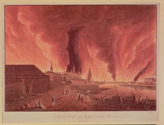Uitzicht op het Kremlin, tijdens de brand van Moskou in september 1812, gegraveerd door Schmidt